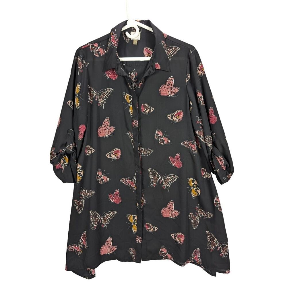 Cupio Shirt Womens Large Button up Tunic Butterfly Whimsygoth Fairy Flowy Boho